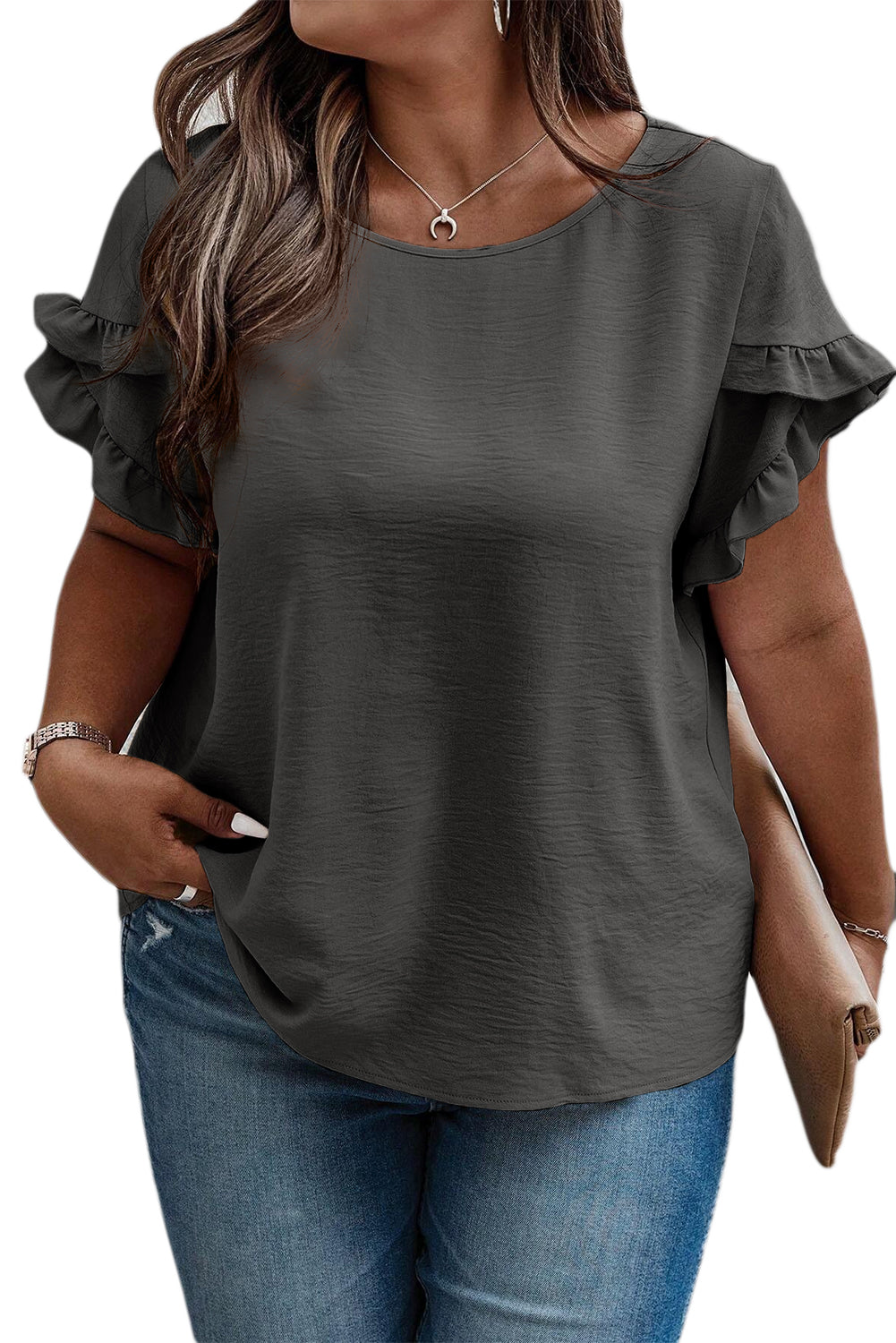 Light French Beige Ruffled Short Sleeve Plus Size Top