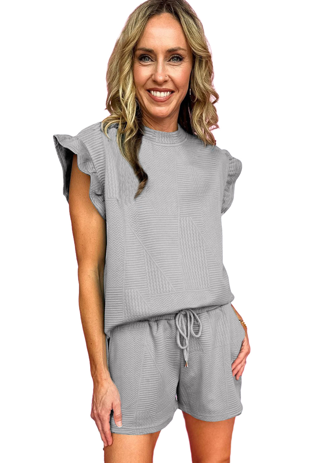 Gray Textured Ruffle Split Top and Drawstring Shorts Set
