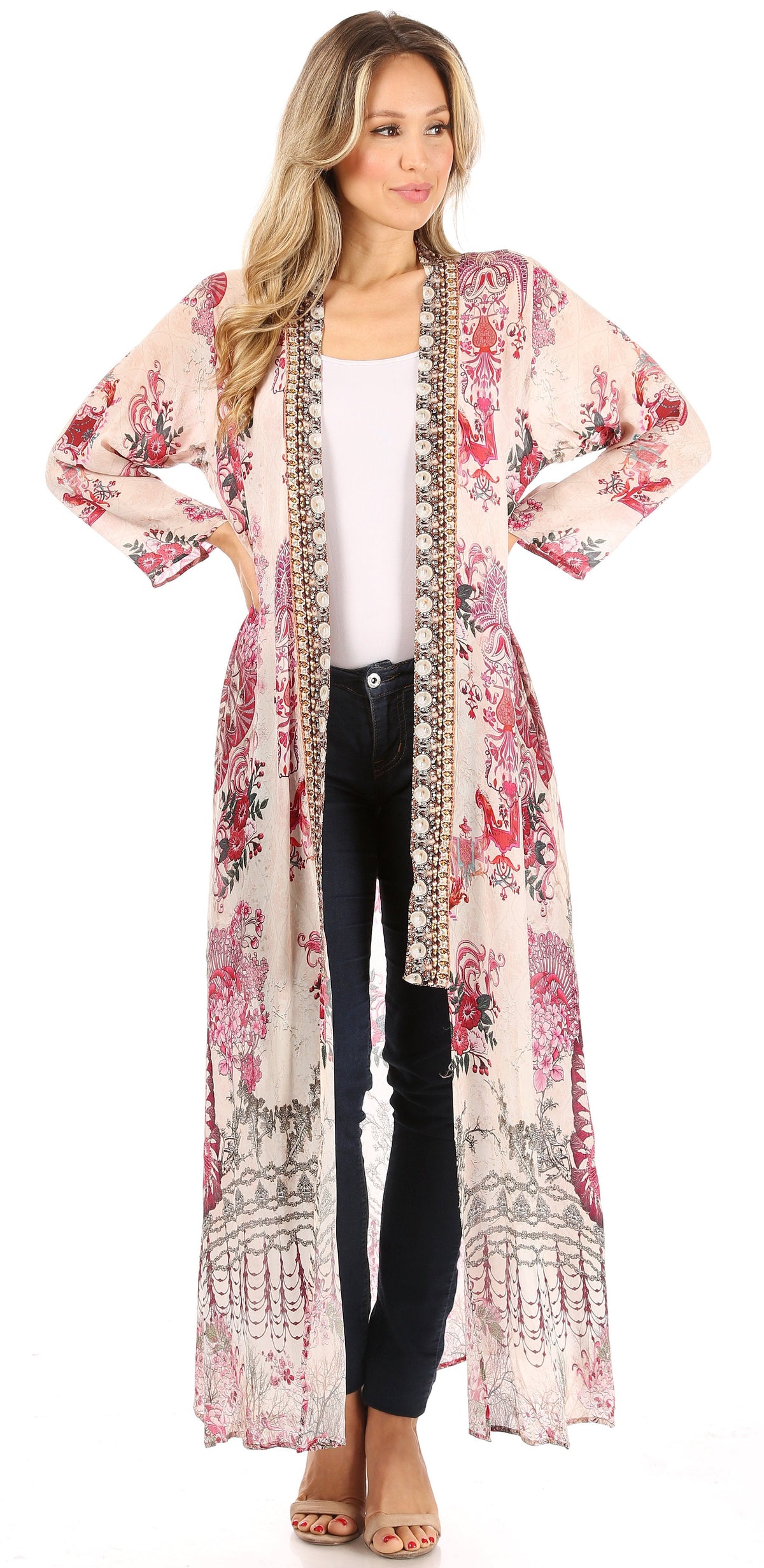 Sakkas Iona Women's Casual Boho Long Kimono Cardigan Open Front Floral Print Loose
